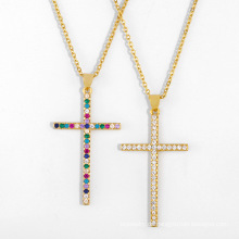 Shangjie OEM Cross Halskette mit farbigen Zirkonen Kupfer Regenbogen Tennis Halskette Kruzifix Halsketten